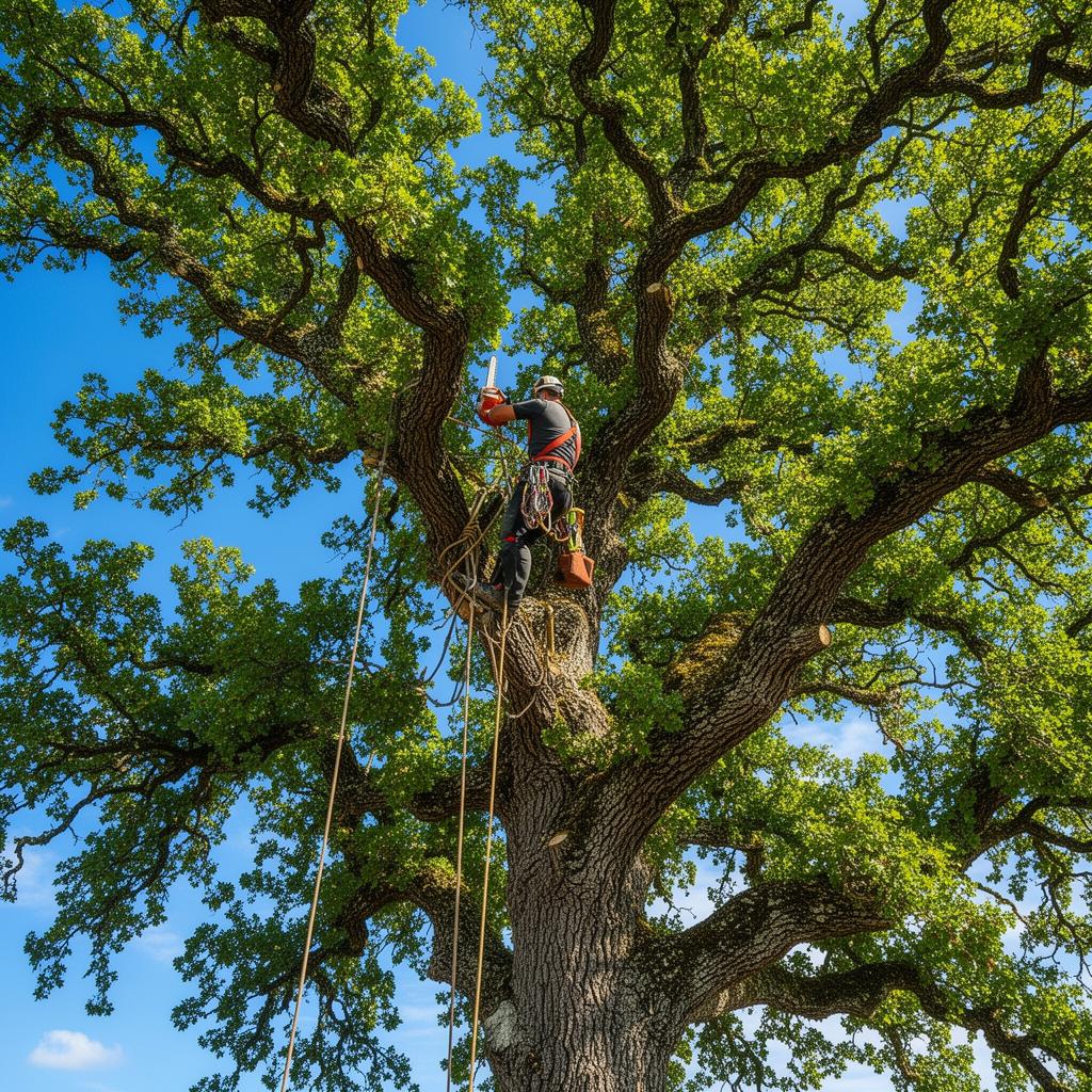 Élagueur professionnel Michelet en action dans un arbre à Grenoble — élagage en hauteur avec équipement de sécurité